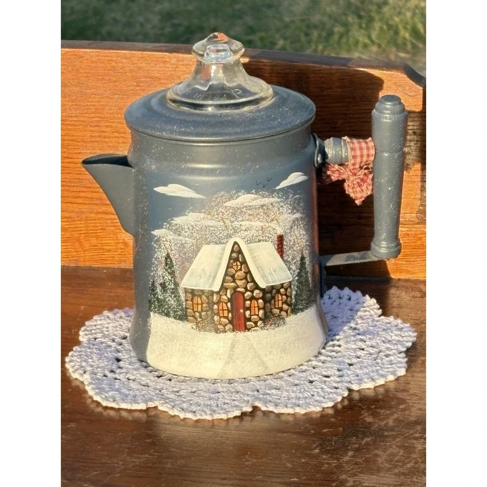 Vtg Light Blue Metal Pyres Coffee Pot Perculator Hand Painted Winter Home Scene